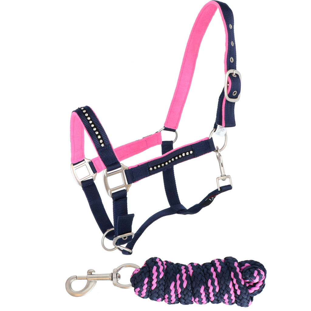 HKM Halsterset Crystal Zacht Onderlegd Donkerblauw/Donkerroze