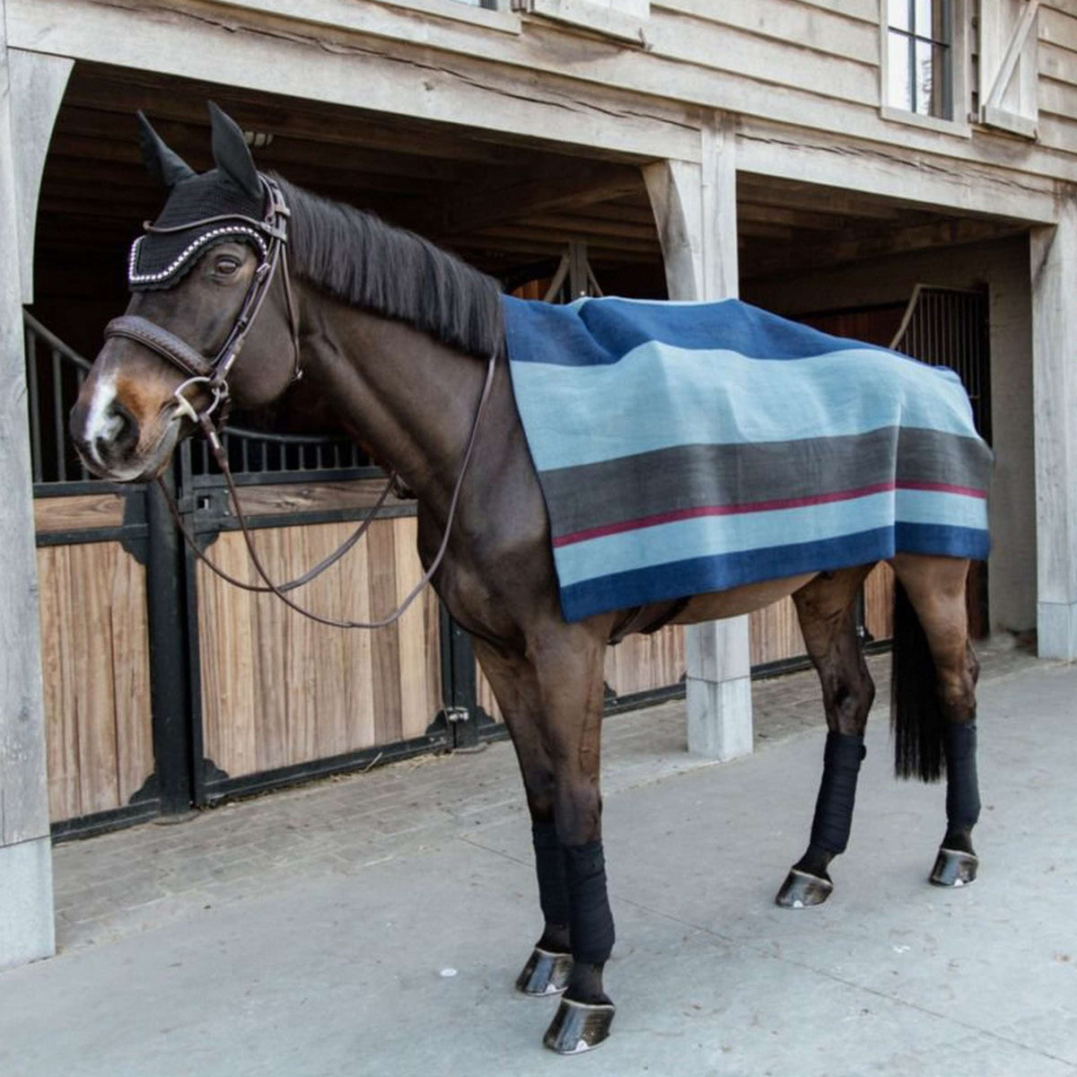 Kentucky Fleecedeken Heavy Square Stripes Navy/Grijs Dots