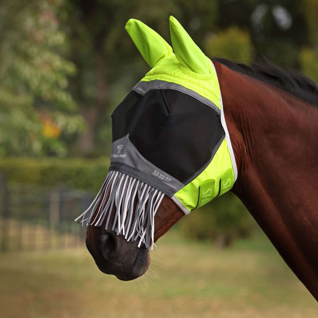 FlyGuard by Shires Vliegenmasker Pro Hi-Viz Fine Mesh met Oren en Franjes Fluo Geel